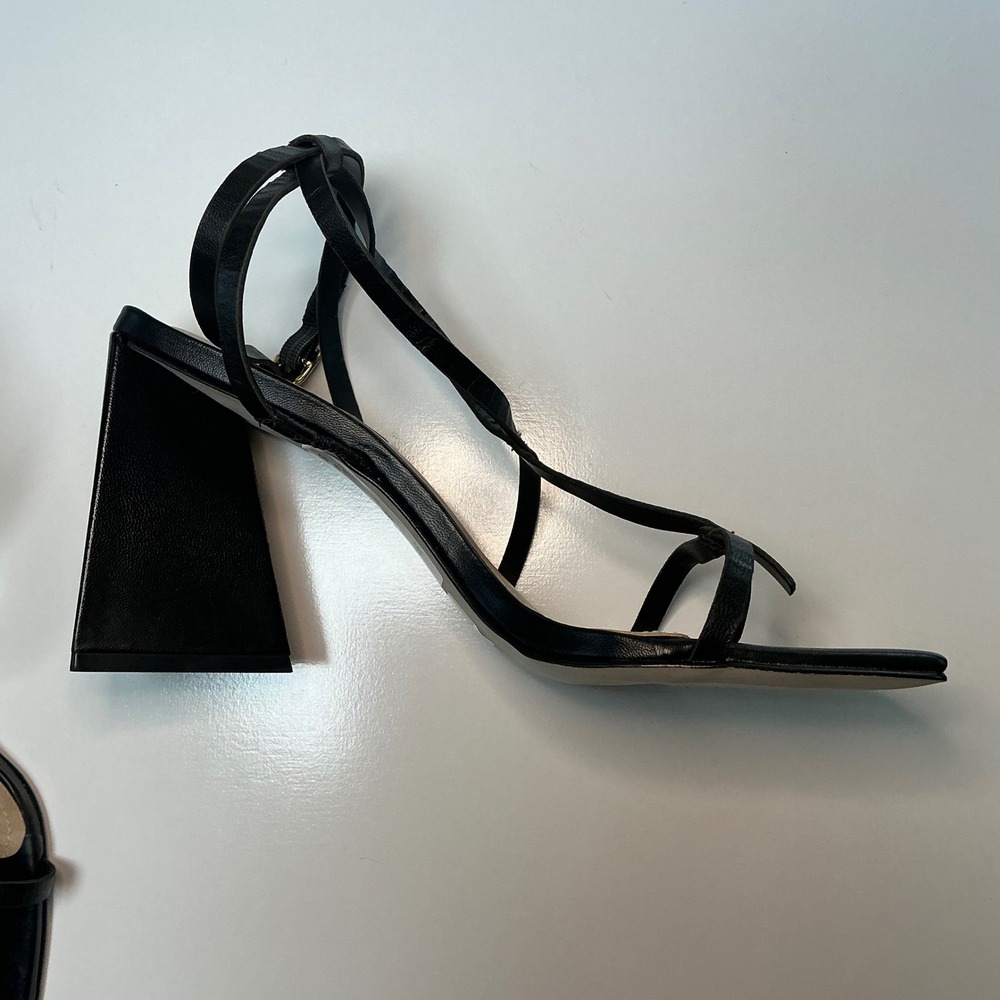 Saks Fifth Avenue Black Leather Strappy Square Toe Triangular Block Heel Sandals - Picture 11 of 12